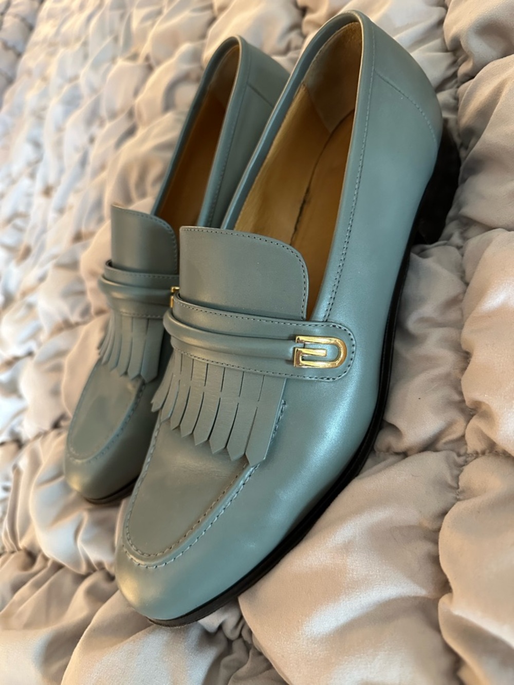 Gucci Leather Fringe Penny Loafers with Gold-Tone Accent